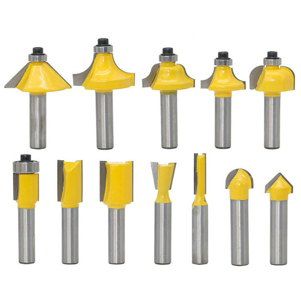 12Pcs 1/4 Inch Shank Router Bits Carbon Steel Yellow Woodworking Milling 1/4 Shank Slotting Router Bit Set for Professional Woodworking 